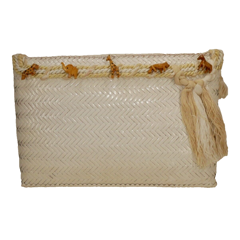 VTG OGGI DOMANI Straw Clutch Purse Handbag Cream with Carved Animals Fringe
